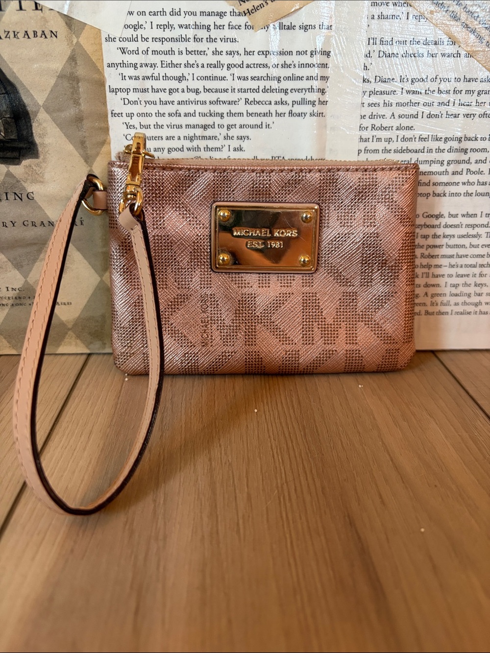 Michael Kors Rose Gold Metallic Logo Wristlet Wallet